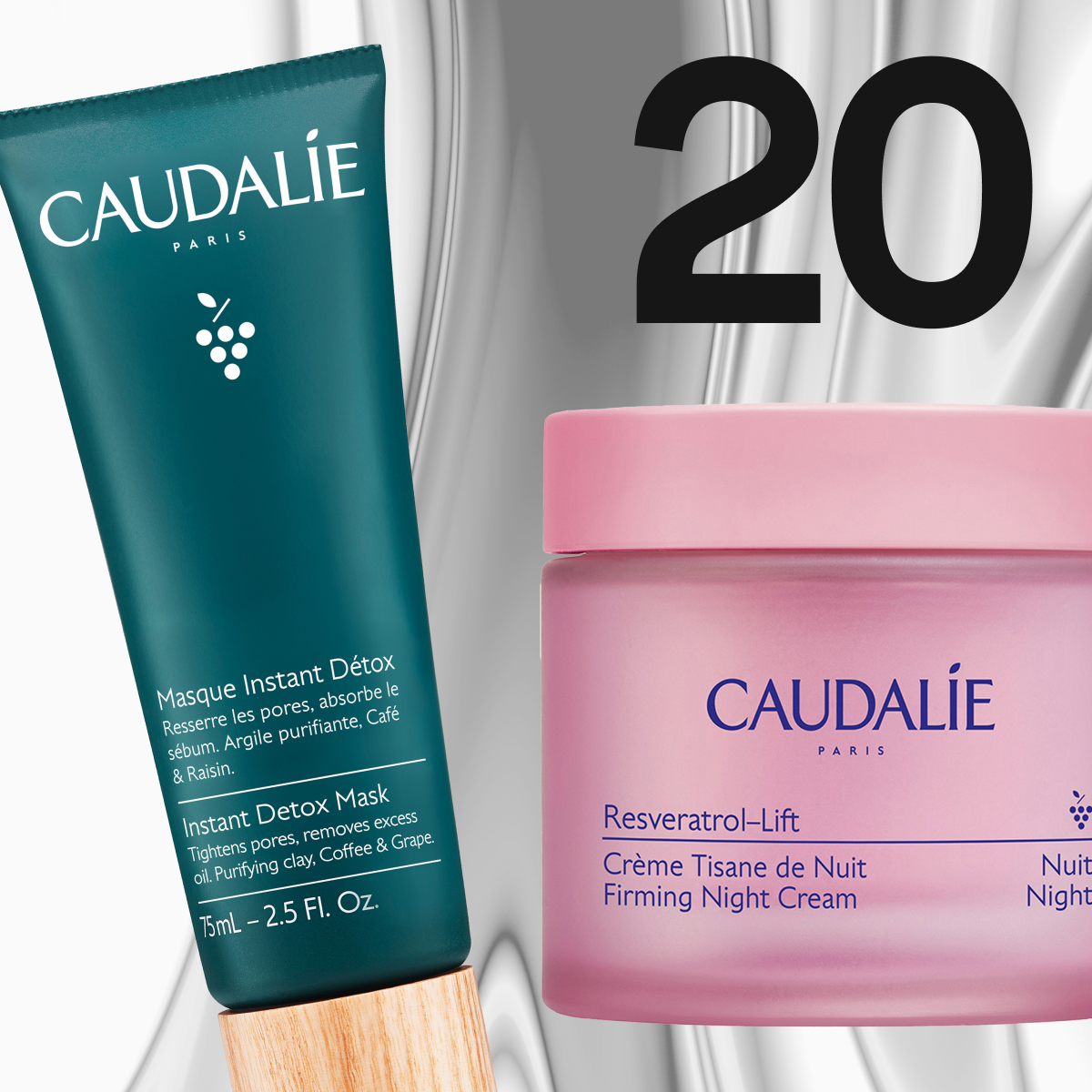 Caudalie-yövoide vaaleanpunaisessa purkissa ja detox-naamio vihreässä tuubissa.