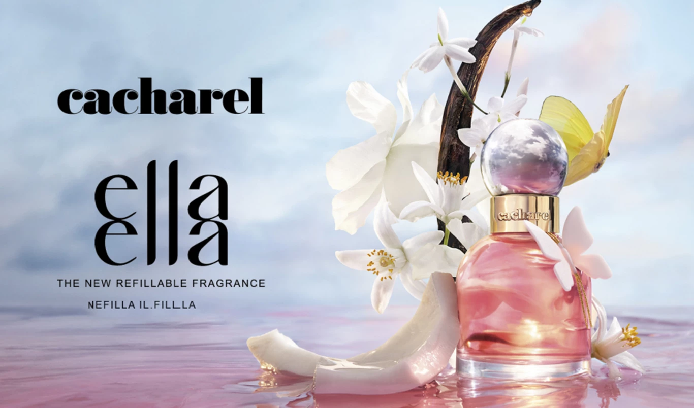 Cacharel ella, den nye påfyllbare duften, med blomster og en parfymeflaske i forgrunnen.