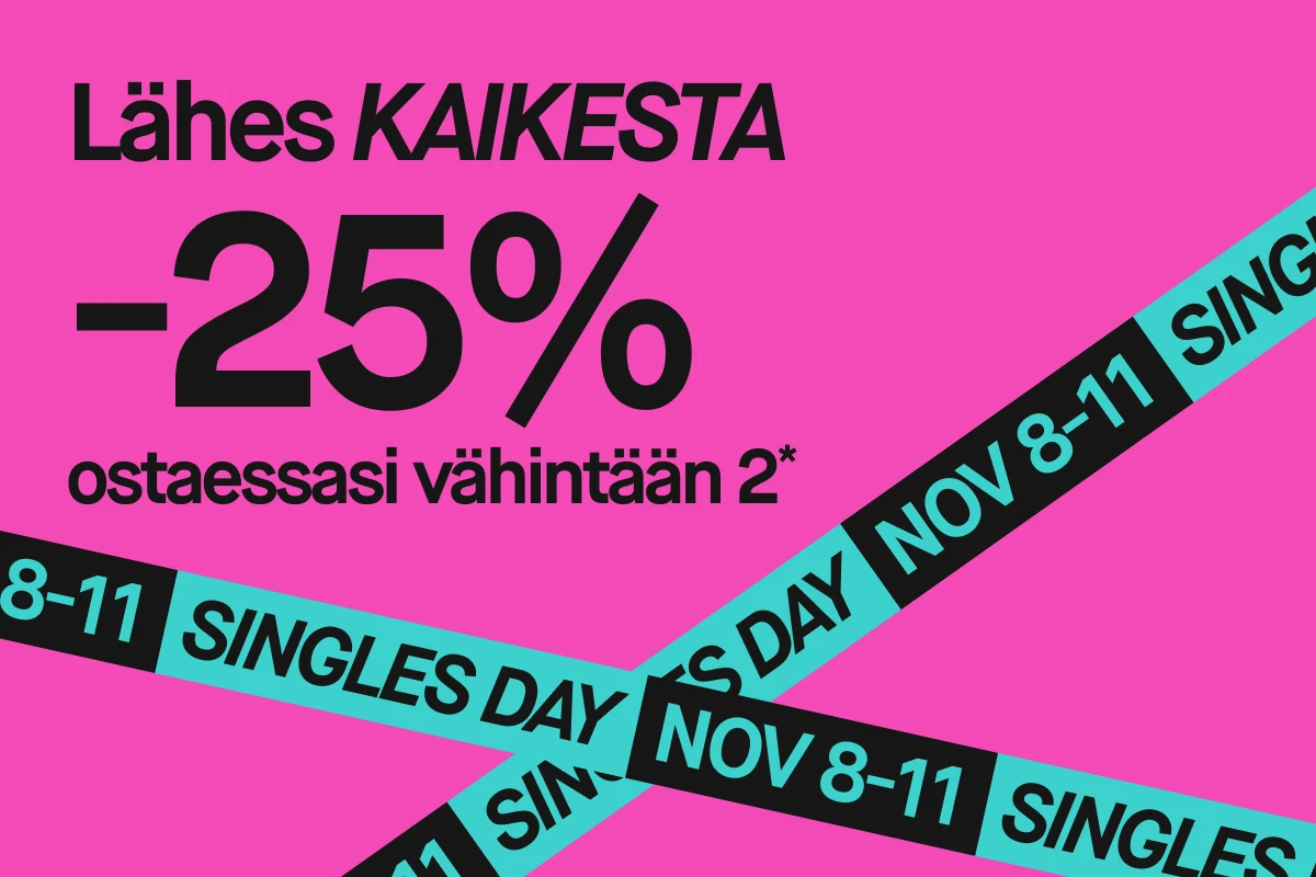 Kuva, joka näyttää mainoksen kampanjasta, jossa on 25% alennus kahden tuotteen ostosta Singles Dayn aikana. Tekstit "Typ ALLT 25% kahden ostosta*" ja "Singles Day Nov 8-11" ovat näkyvissä. Tausta on vaaleanpunainen.