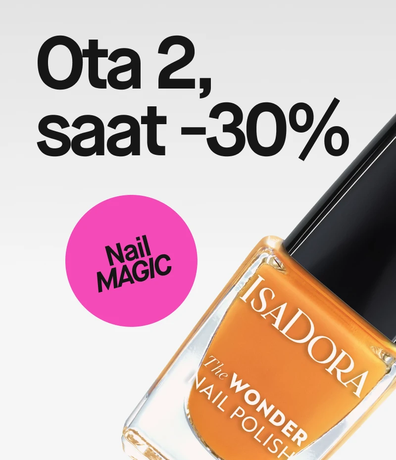Oranssi Isadora kynsilakka ja teksti "Ota 2, saat -30%". Pinkki ympyrä, jossa lukee "Nail MAGIC".
