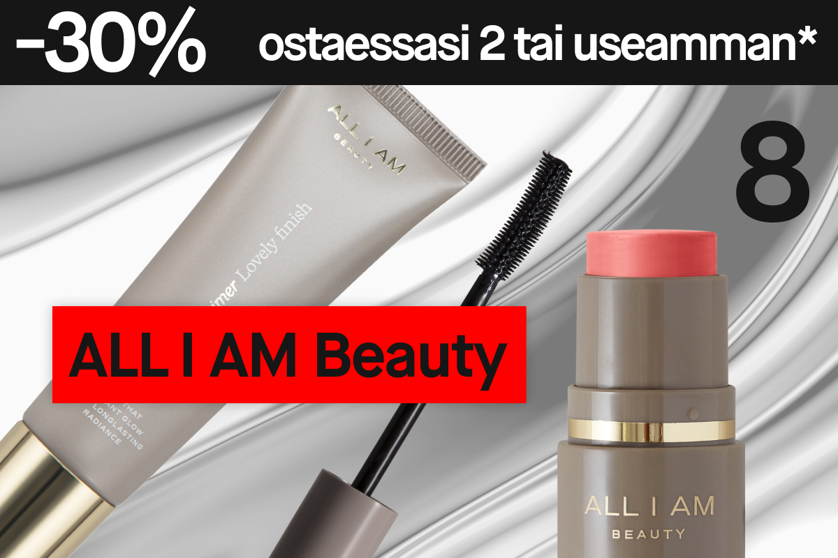 Kuva, joka näyttää mainoksen kampanjasta, jossa on 30% alennus kahden tuotteen ostosta ALL I AM Beauty. Harmaa tuubi ALL I AM Beauty Primer Lovely Finish, musta ripsiväriharja, ja harmaa pullo ALL I AM Beauty poskipuna ovat näkyvissä. Teksti "ALL I AM Beauty" näkyy punaisessa suorakulmiossa. Tausta on harmaa valkoisilla yksityiskohdilla.