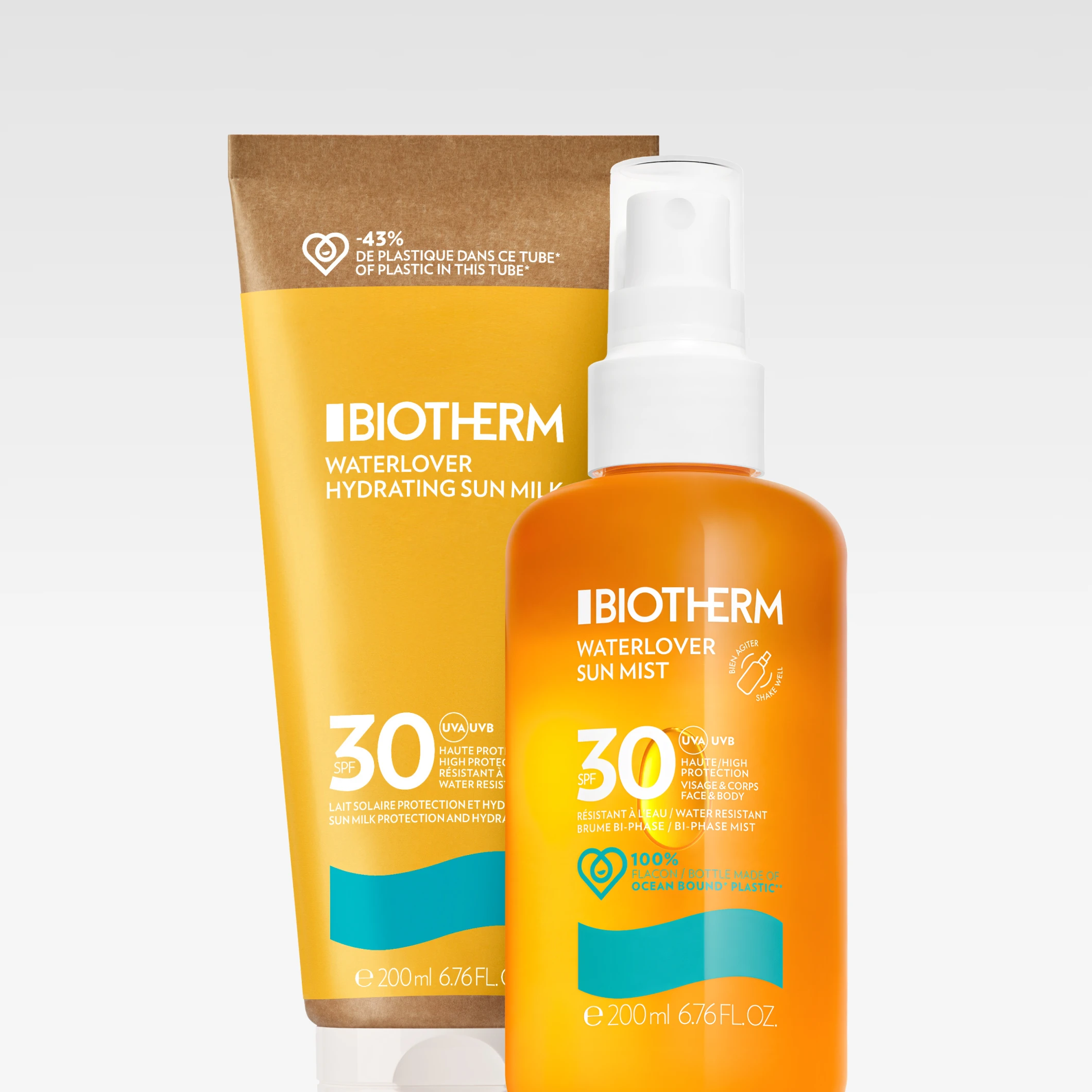 Biotherm Waterlover Hydrating Sun Milk SPF 30 ja Biotherm Waterlover Sun Mist SPF 30, pakkauksissa tekstit “High Protection”, “UVA UVB”, “Water Resistant”, “100% Bottle Made of Ocean Bound Plastic” ja “200 ml / 6.76 FL.OZ”.