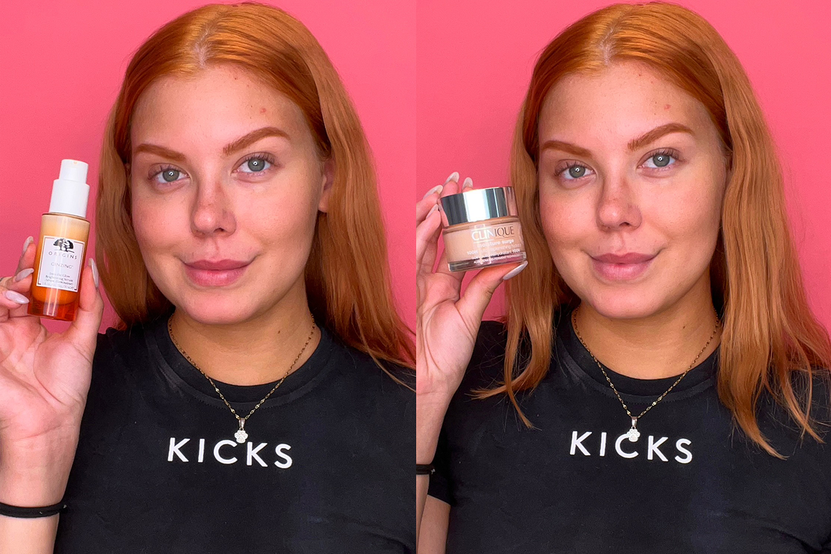 KICKS medarbetare håller upp två olika hudvårdsprodukter – Origins serum till vänster och Clinique fuktkräm till höger