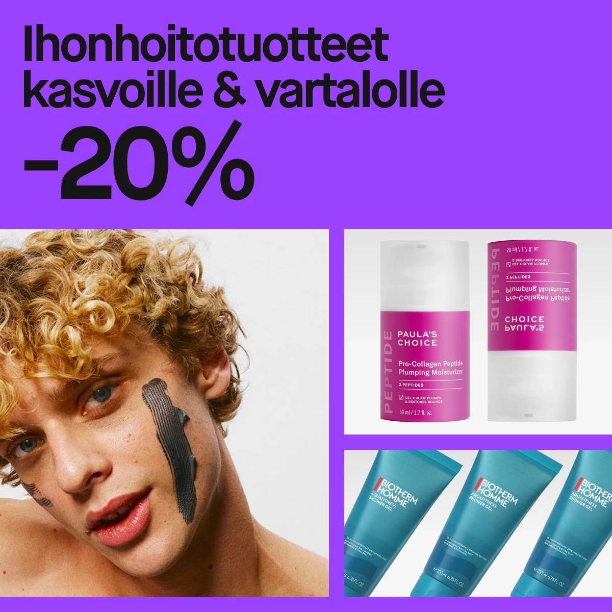 Ihonhoitotuotteet kasvoille & vartalolle -20%. Kuvassa kaksi ihonhoitotuotetta: Paula's Choice Pro-Collagen Peptide Plumping Moisturizer ja Biotherm Homme Aquafitness Shower Gel.