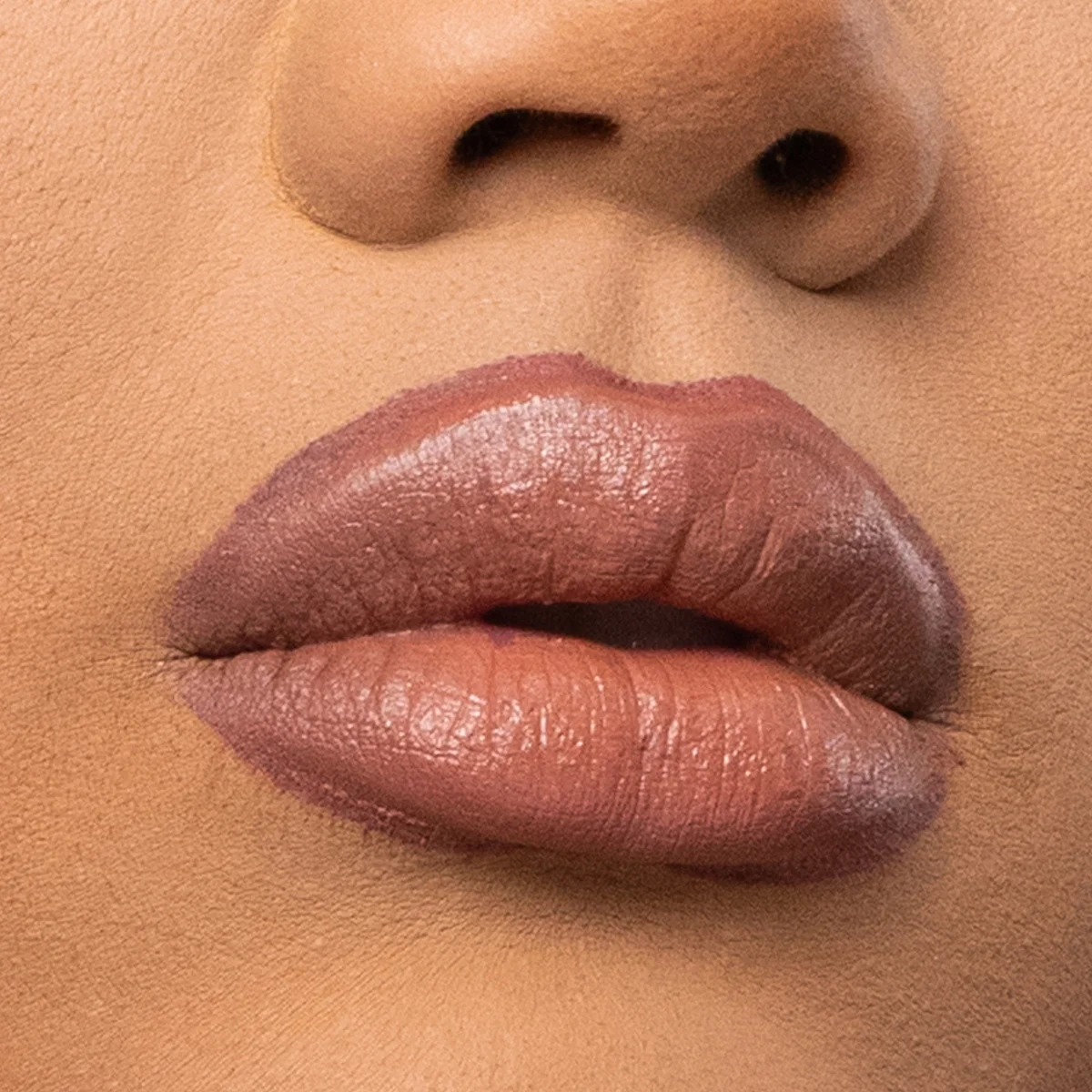 Närbild på läppar målade i en matt nude-ton med markerad kontur och jämn finish som framhäver en klassisk red carpet-inspirerad läppmakeup.