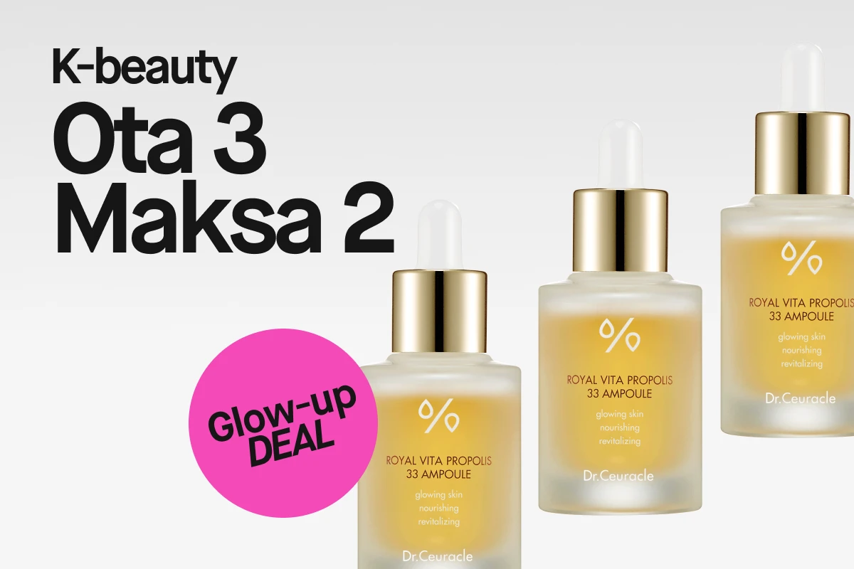 K-beauty tarjous: Osta 3, maksa 2. Kuvassa kolme Dr.Ceuracle Royal Vita Propolis 33 Ampoule -pulloa. Glow-up DEAL -tarra.