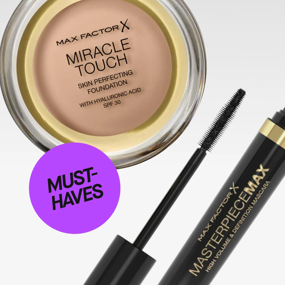 Max Factor Miracle Touch -meikkivoide ja Masterpiece Max -ripsiväri, tekstit 'MUST-HAVES' valkoista taustaa vasten.