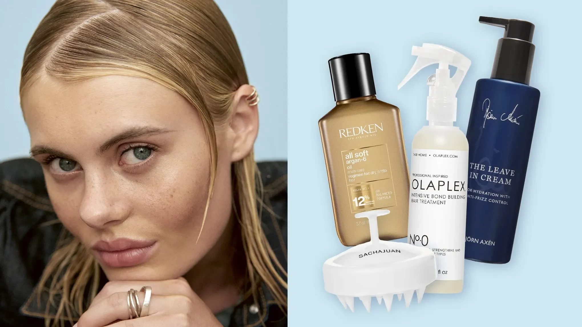 En kvinne med blondt, velstelt hår og øredobber. Ved siden av henne er hårpleieprodukter fra Redken, Olaplex og Björn Axén samt en hårmassasjebørste fra Sachajuan.