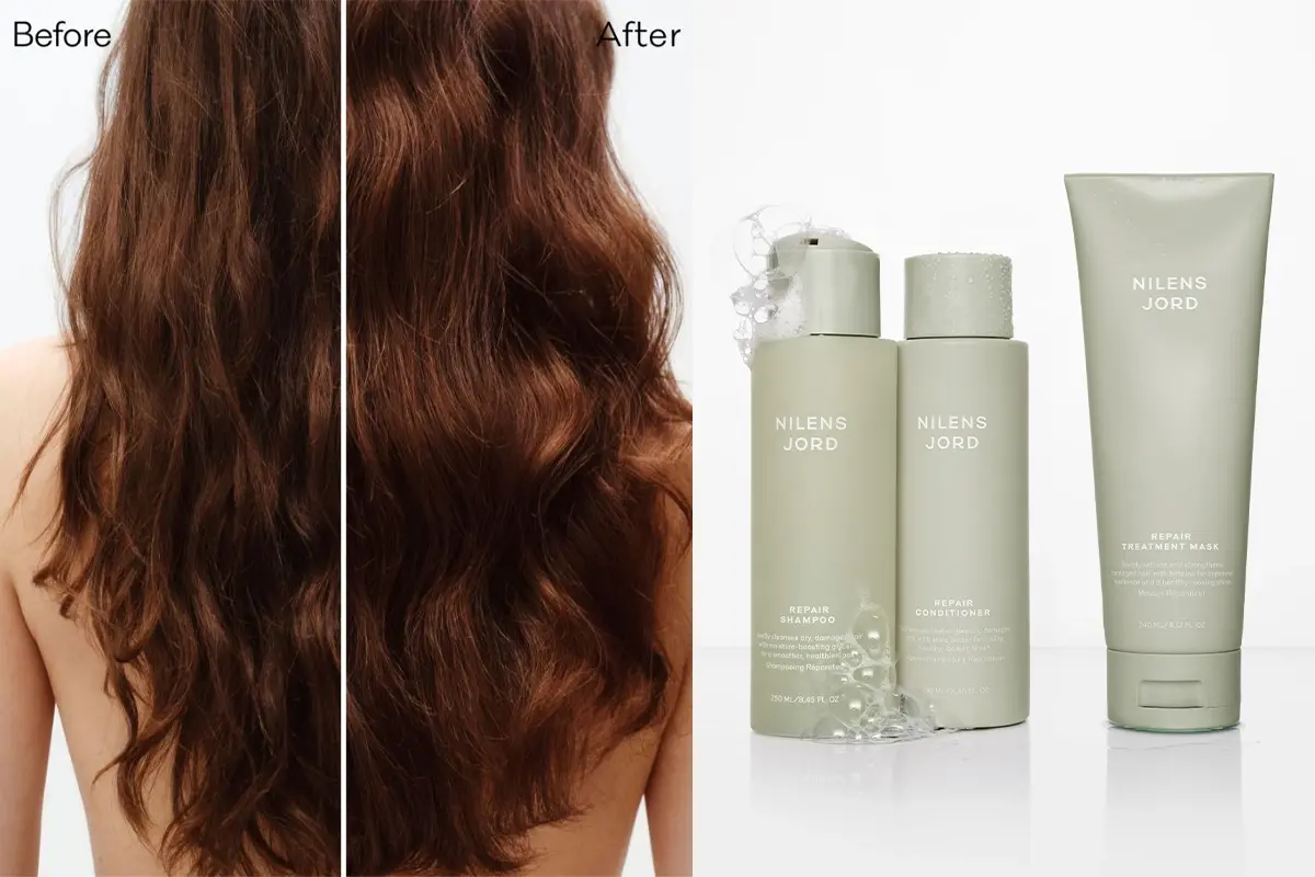 Aaltoilevat hiukset ennen ja jälkeen: pörröisistä sileiksi. Esillä Nilens Jord Repair -shampoo, -hoitoaine ja -hoitonaamio.