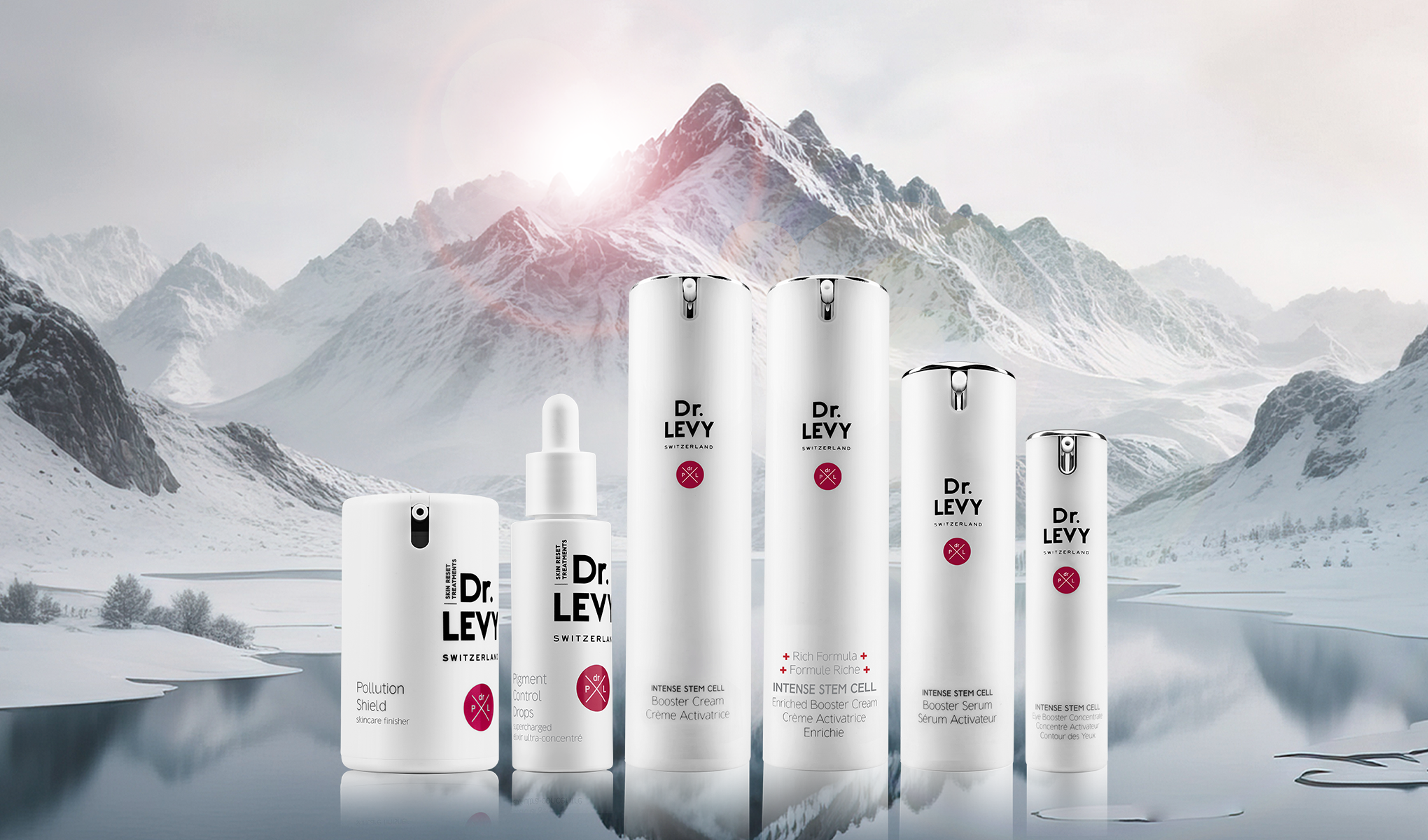 Sex hudvårdsprodukter från Dr. Levy Switzerland, placerade framför en snöig bergslandskap med en sjö i förgrunden.