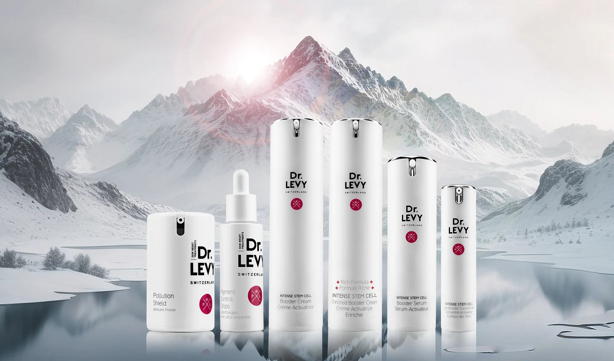 Sex hudvårdsprodukter från Dr. Levy Switzerland, placerade framför en snöig bergslandskap med en sjö i förgrunden.