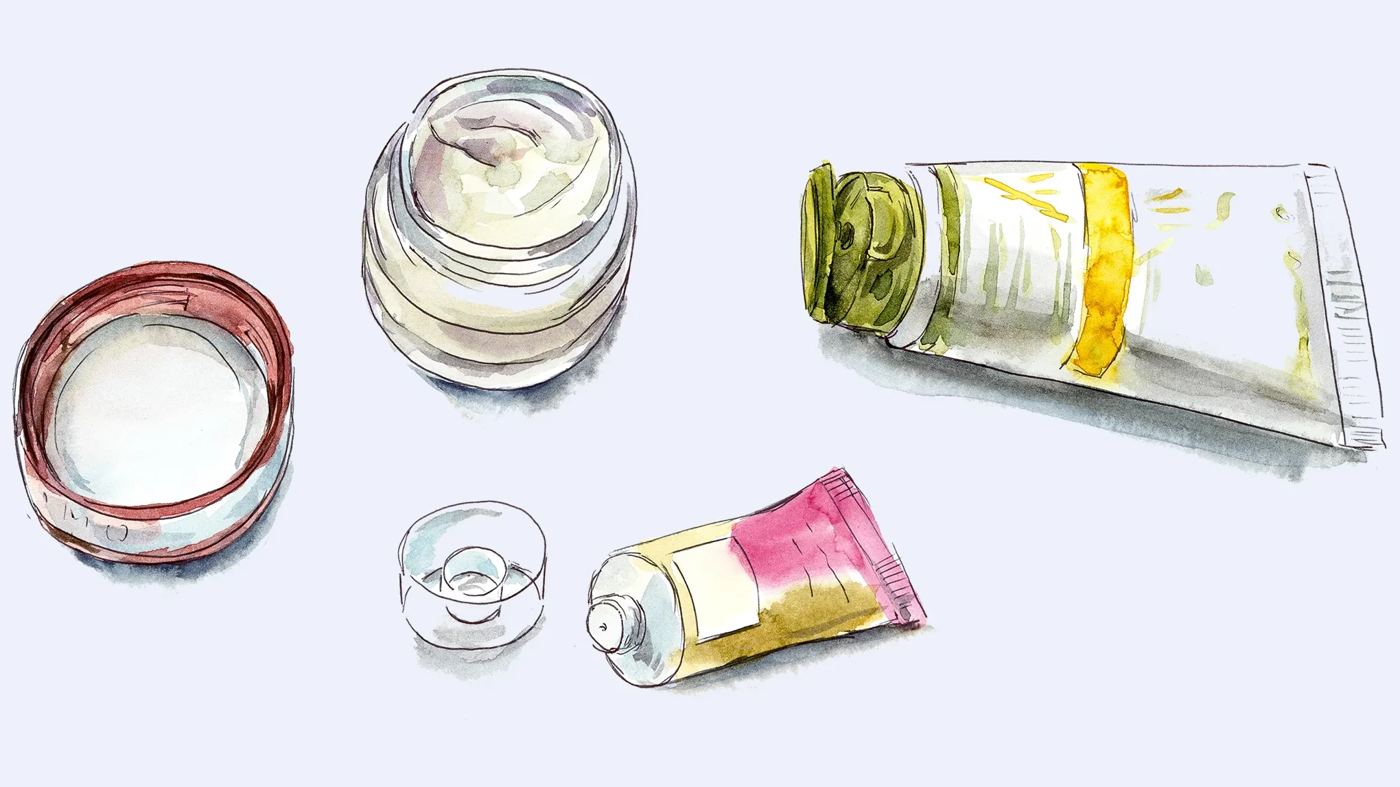 En illustrasjon av forskjellige kosmetiske produkter, inkludert en krukke med krem, en åpen krukke, en liten tube og en større tube.