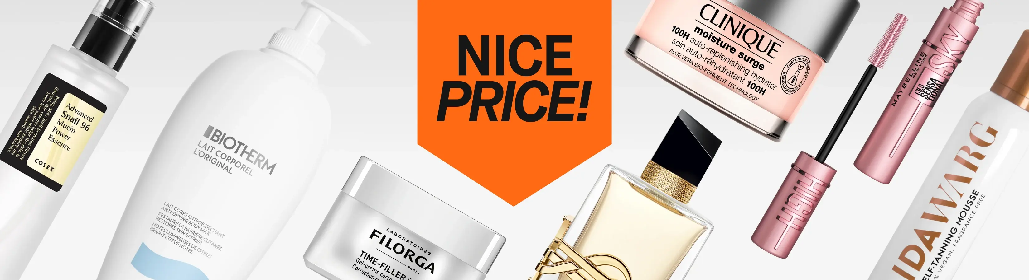Valikoima kauneustuotteita, kuten Jorgobé Niacinamide Serum, Acqua di Gioia -hajuvesi Giorgio Armanilta, COSRX Advanced Snail Radiance Dual Essence -seerumi, Emporio Armani Stronger With You -hajuvesi ja Depend Gel iQ -kynsisarja. Kuvassa näkyy oranssi “NICE PRICE!” -merkki ja vinottainen musta banneri tekstillä “More beauty added”.