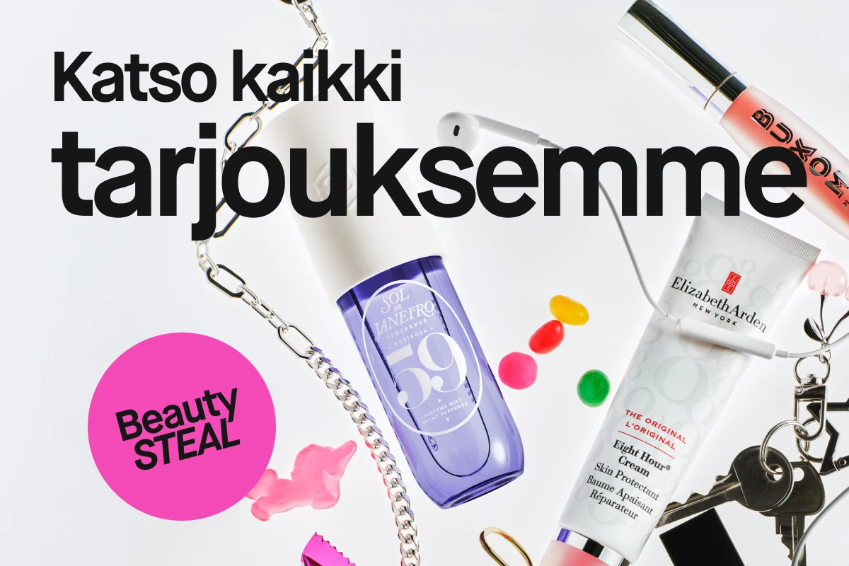 Kuva erilaisista kauneustuotteista, kuten Sol de Janeiro -tuoksu, Elizabeth Arden -käsivoide ja Buxom -huulikiilto. Kuvassa on myös värikkäitä karkkeja ja koruja. Teksti 'Katso kaikki tarjouksemme' ja 'Beauty STEAL' näkyvät kuvassa.