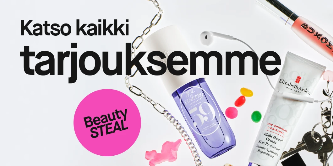 Kuva erilaisista kauneustuotteista, kuten Sol de Janeiro -tuoksu, Elizabeth Arden -käsivoide ja Buxom -huulikiilto. Kuvassa on myös värikkäitä karkkeja ja koruja. Teksti 'Katso kaikki tarjouksemme' ja 'Beauty STEAL' näkyvät kuvassa.