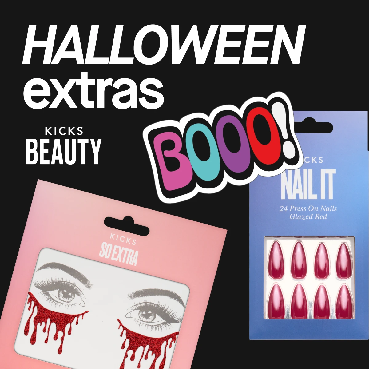 Et bilde som viser Halloween-tema produkter fra KICKS. Produktene inkluderer spooky tattoos og creepy nails. Teksten "HALLOWEEN extras", "BOOO!" og "KICKS BEAUTY" vises på bildet.