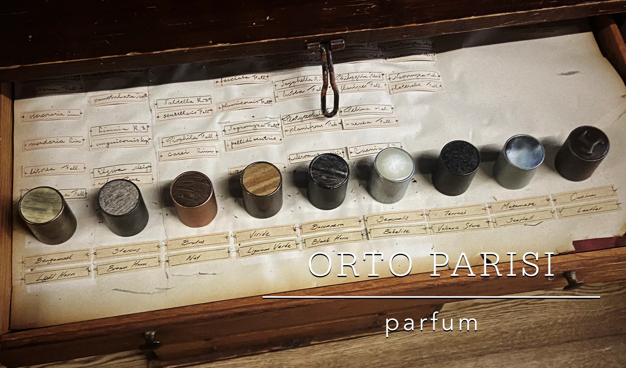 Orto Parisin hajuvesipullojen korkit aseteltuna vanhalle kirjoitetulle paperille puulaatikkoon, logon ollessa oikealla puolella.