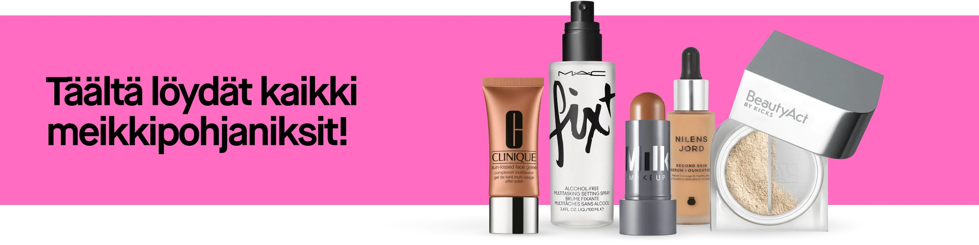 Teksti: Täältä löydät kaikki pohjameikkisi niksit! Kuvassa Clinique geeli, MAC Fix+ suihke, Milk Makeup puikko, Nilens Jord meikkivoide, BeautyAct puuteri.
