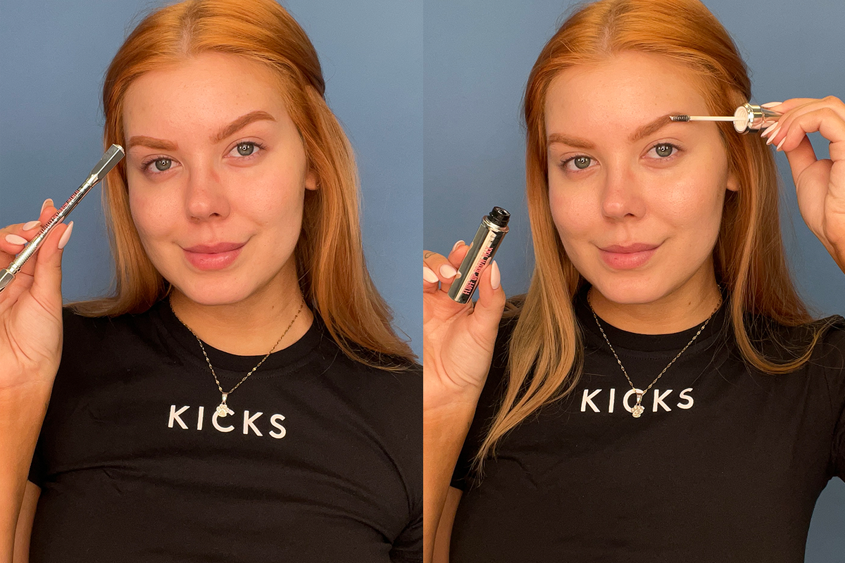 KICKS-medarbetare visar två steg i en ögonbrynsrutin – applicering av ögonbrynspenna till vänster och bryngel till höger.