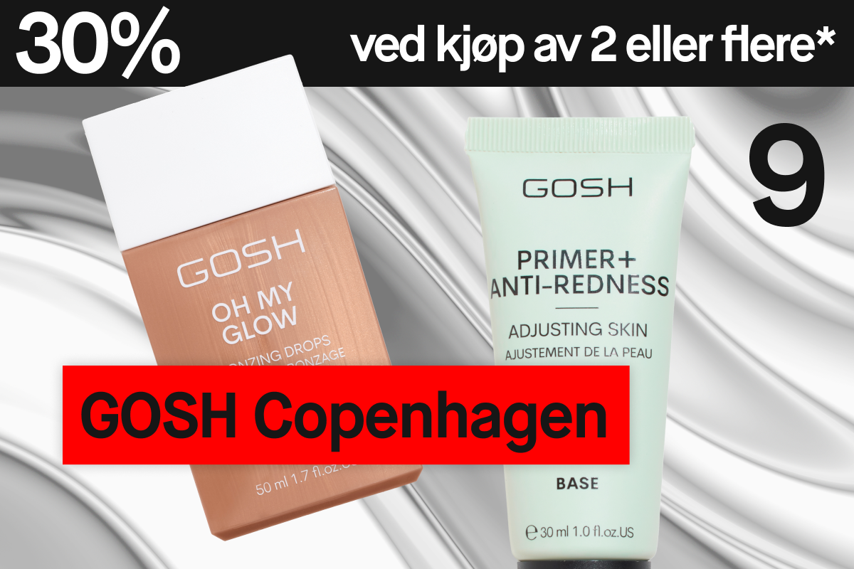 Bilde som viser en reklame for en kampanje med 30% rabatt ved kjøp av to produkter fra GOSH Copenhagen. En brun flaske med GOSH Oh My Glow Bronzing Drops og en grønn flaske med GOSH Primer+ Anti-Redness er synlige. Teksten "GOSH Copenhagen" er synlig i en rød rektangel. Bakgrunnen er grå med hvite detaljer.