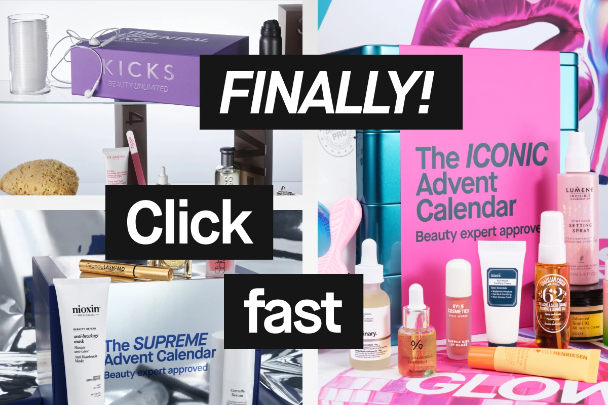 Et bilde som viser forskjellige skjønnhetsprodukter og adventskalendere fra KICKS. Produktene inkluderer merker som Clarins, Nioxin, GrandeLASH-MD, Lumene, The Ordinary, Klairs, Kylie Cosmetics, COSRX og Ole Henriksen. Teksten på bildet lyder "ENDELIG! Klikk raskt" og "The ICONIC Advent Calendar Beauty expert approved".