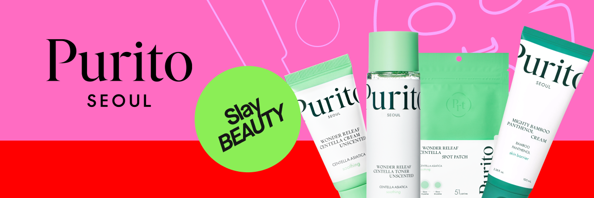 Purito Seoul hudvård med toner, kräm och spot patches visas mot rosa bakgrund med texten "Purito SEOUL" och en grön cirkel med "Slay BEAUTY". Produkterna inkluderar "Wonder Releaf Centella Toner Unscented" och "Mighty Bamboo Panthenol Cream".
