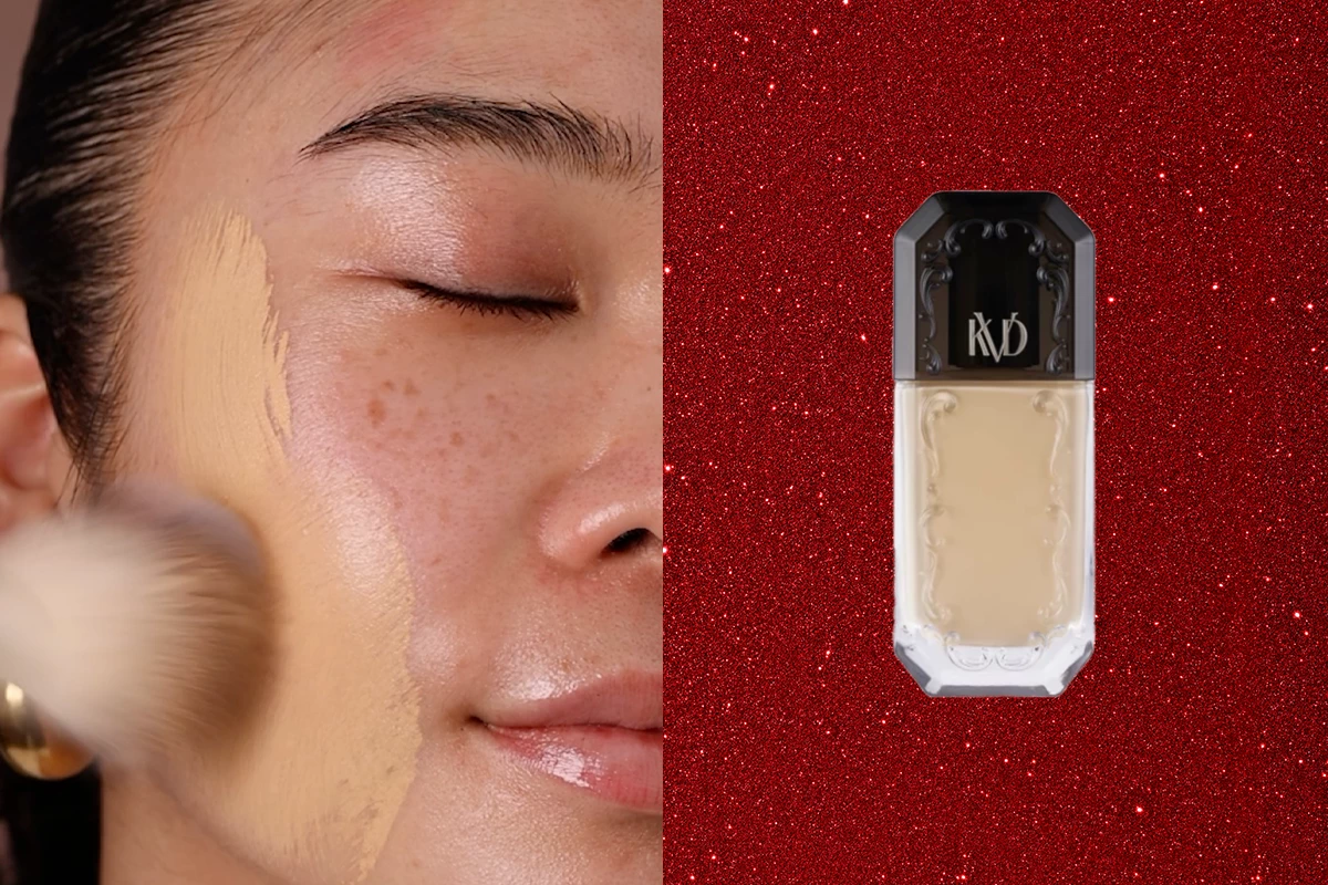 Basmakeup appliceras på kinden av en tjej, samt KVD Good Apple Serum Foundation mot röd glittrig bakgrund.