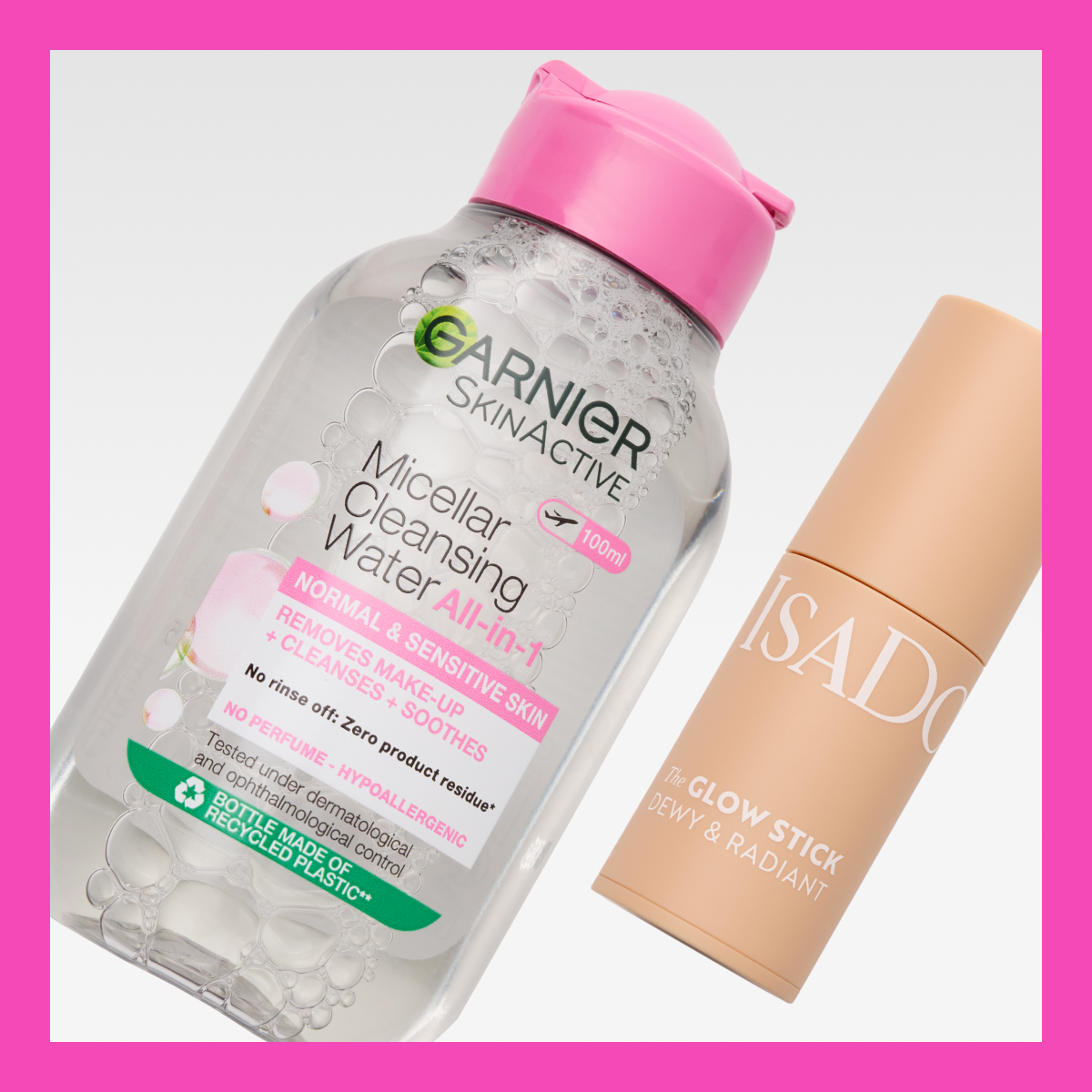 Garnierin misellivesi nimeltä "Micellar Cleansing Water All-in-1" ja IsaDoran hehkutikku nimeltä "The Glow Stick Dewy & Radiant". Misellivesi tulee läpinäkyvässä pullossa, jossa on vaaleanpunainen korkki ja teksti, kun taas hehkutikku on beige, jossa on valkoinen teksti.