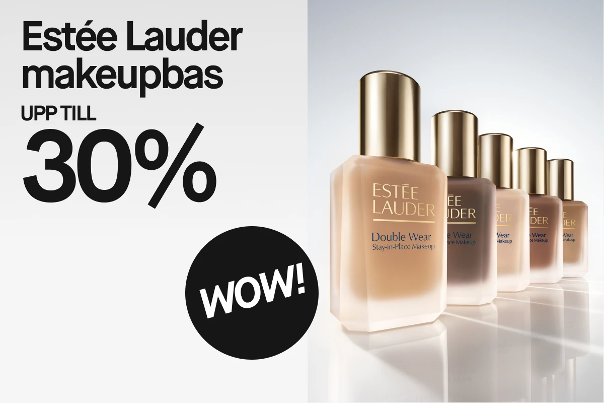 Estée Lauder Double Wear foundation i flera nyanser mot ljus bakgrund, med texten ”Estée Lauder makeupbas upp till 30 %” och ”WOW!”.