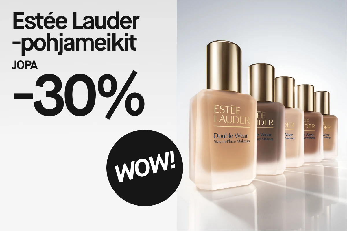 Estée Lauder Double Wear -meikkivoidepulloja eri sävyissä vaalealla taustalla, teksti ”Estée Lauder -pohjameikit jopa -30 %” ja ”WOW!”.