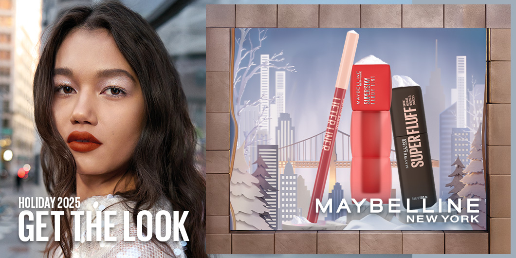 Maybelline New Yorkin mainos, jossa on teksti "Holiday 2025 - Get the look". Kuvassa on henkilö, jolla on pitkät tummat hiukset ja kimaltava hopeinen paita.