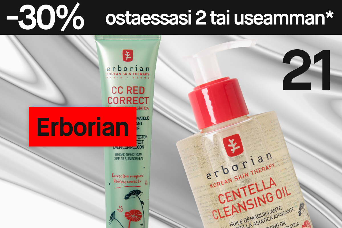 Erborian-ihonhoitotuotteet – CC Red Correct ja Centella Cleansing Oil – hopeanharmaalla taustalla ja teksti “30% ostaessa 2”.