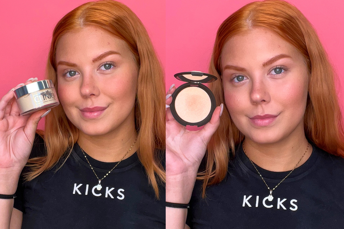 KICKS medarbetare visar upp två sminkprodukter – ett löspuder från Clinique i vänster bild och en kompakt highlighter i höger bild