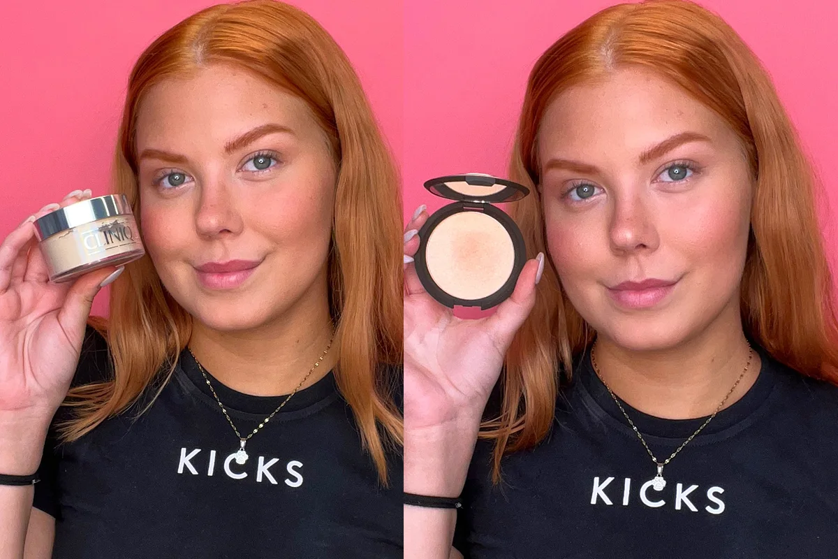 KICKS medarbetare visar upp två sminkprodukter – ett löspuder från Clinique i vänster bild och en kompakt highlighter i höger bild