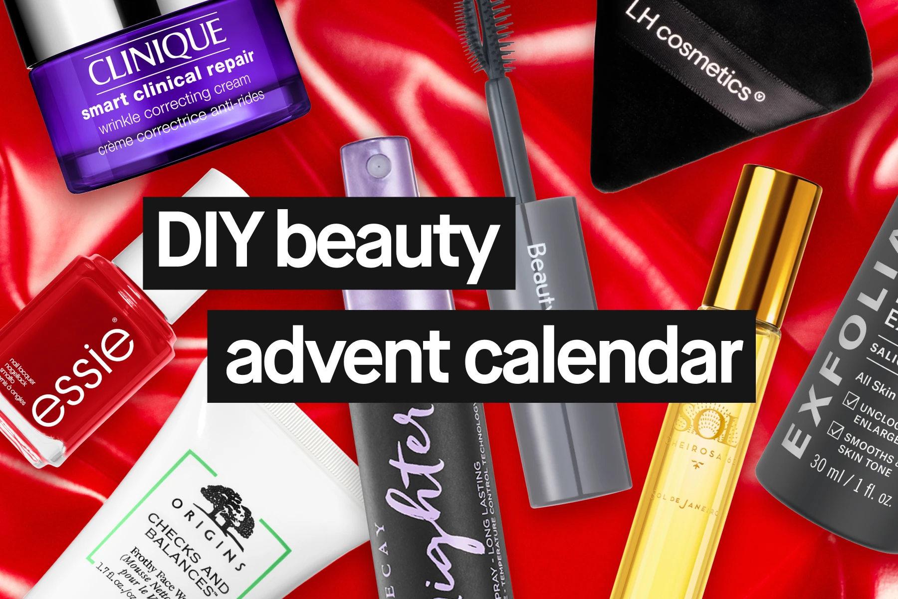 DIY skjønnhets adventskalender. Bildet viser forskjellige skjønnhetsprodukter, som Clinique-krem, Essie-neglelakk, Origins-rensemiddel, LH Cosmetics-sminkesvamp, Beautycounter-mascara, Urban Decay-fikseringsspray, Sol de Janeiro-duft og Exfoliator-peeling.
