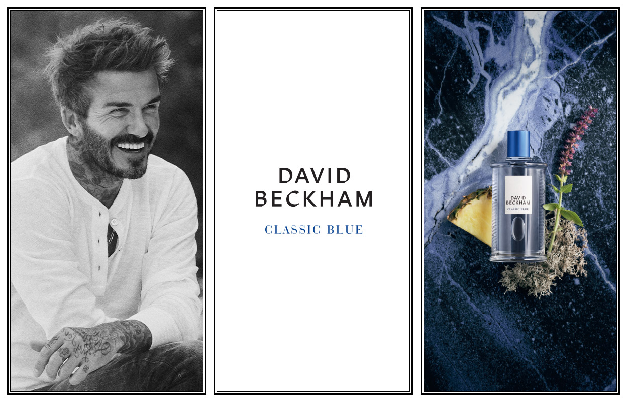 Vasemmassa osassa on mustavalkoinen kuva valkoiseen paitaan pukeutuneesta miehestä, jonka käsissä on tatuointeja. Keskiosassa on teksti ”David Beckham Classic Blue” valkoisella pohjalla. Oikeassa osassa on hajuvesipullo, jossa teksti ”David Beckham Classic Blue” on sijoitettu tummansiniselle marmoripinnalle, jota ympäröivät ananaksen pala ja kukka.