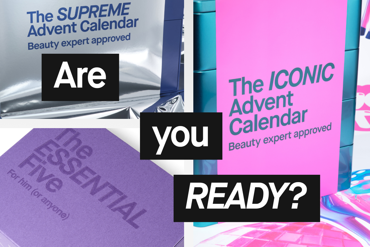 Kolme erilaista kauneustuotteiden joulukalenteria. Vaaleanpunainen kalenteri on nimeltään "The ICONIC Advent Calendar", violetti on "The ESSENTIAL Five" ja hopeanvärinen on "The SUPREME Advent Calendar". Teksti "Are you READY?" näkyy kuvan vasemmalla puolella.