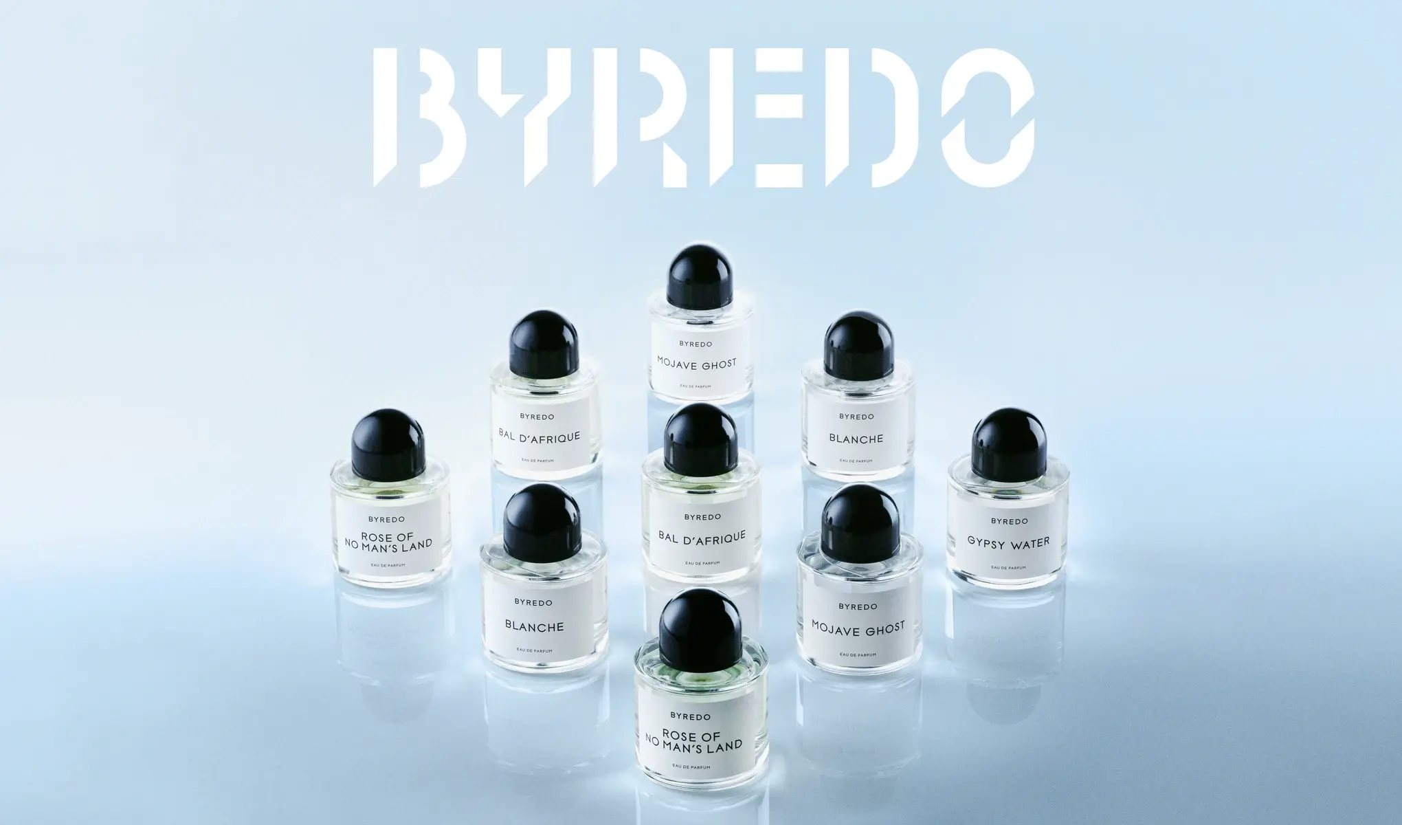 Flere Byredo-parfymeflasker arrangert i rader på lys bakgrunn, med logo øverst.