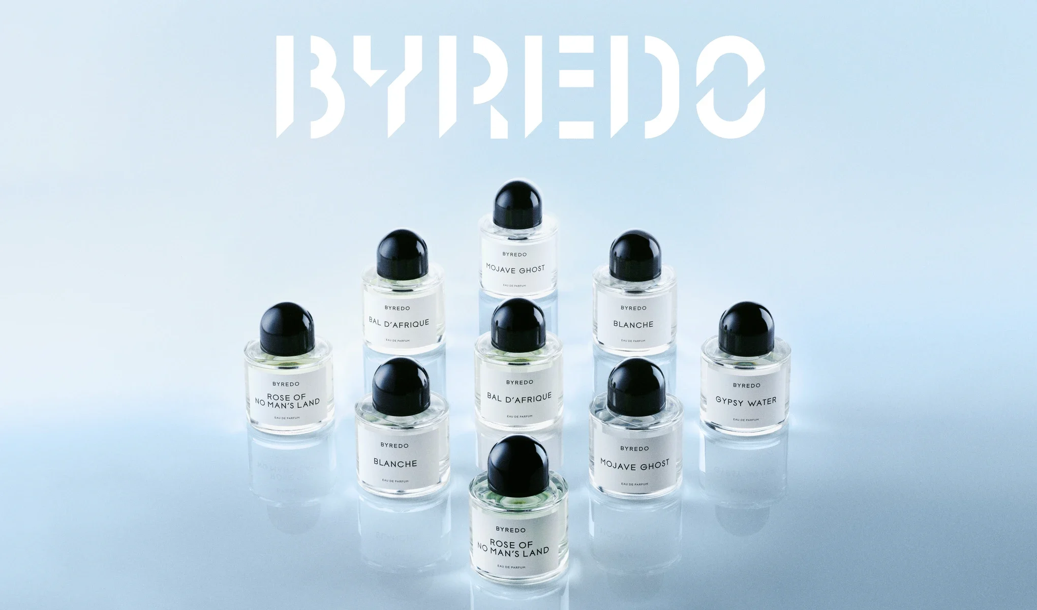Flere Byredo-parfymeflasker arrangert i rader på lys bakgrunn, med logo øverst.