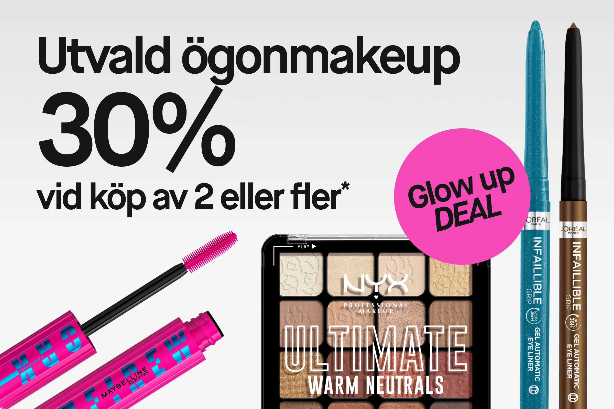 Lähikuva Maybellinen ja NYX Professional Makeupin silmämeikeistä vaaleaa taustaa vasten, mukana pinkki ripsiväri harjalla, Ultimate Warm Neutrals -luomiväripaletti sekä Infaillible-geelirajaus turkoosina ja ruskeana kynänä.