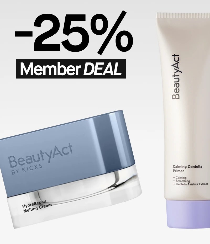 Kaksi BeautyAct by Kicks -ihonhoitotuotetta, HydraRepair Melting Cream ja Calming Centella Primer. Kuvassa näkyy myös teksti "-25% Member DEAL".