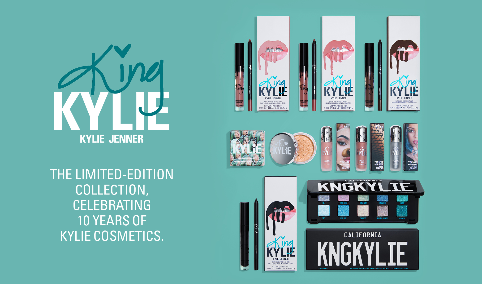Kylie Jenner sin jubileumskolleksjon, som feirer 10 år med Kylie Cosmetics. Bildet viser en rekke sminkeprodukter, inkludert leppestifter, øyenskygger, og ansiktspudder.