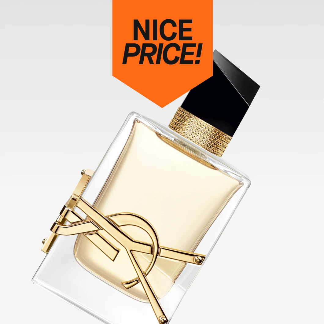 Yves Saint Laurent Libre -parfyymipullo, jossa kultainen logo, oranssi Nice Price -merkintä yläpuolella.
