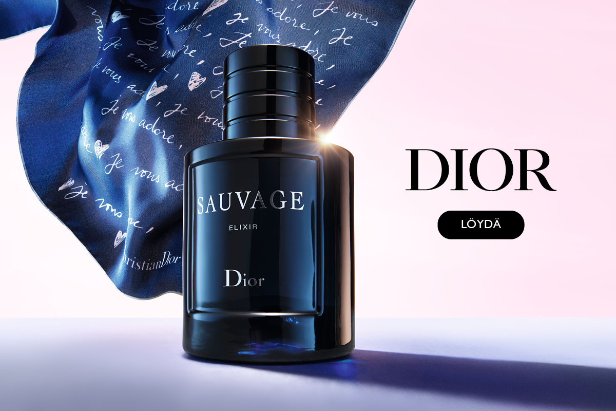 Mainoskuva Dior Sauvage Elixir -hajuvedestä. Dior Sauvage Elixir -hajuvesipullo näkyy etualalla vaaleaa taustaa vasten, jossa on sininen huivi tekstillä "Je vous adore" ja sydämiä. Kuvassa näkyy teksti "DIOR" ja painike, jossa lukee "LÖYDÄ".