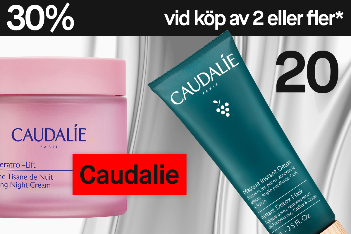 Hudvårdsprodukter från Caudalie – Resveratrol-Lift Night Cream och Instant Detox Mask – mot silvergrå bakgrund med “30% vid köp av 2”.