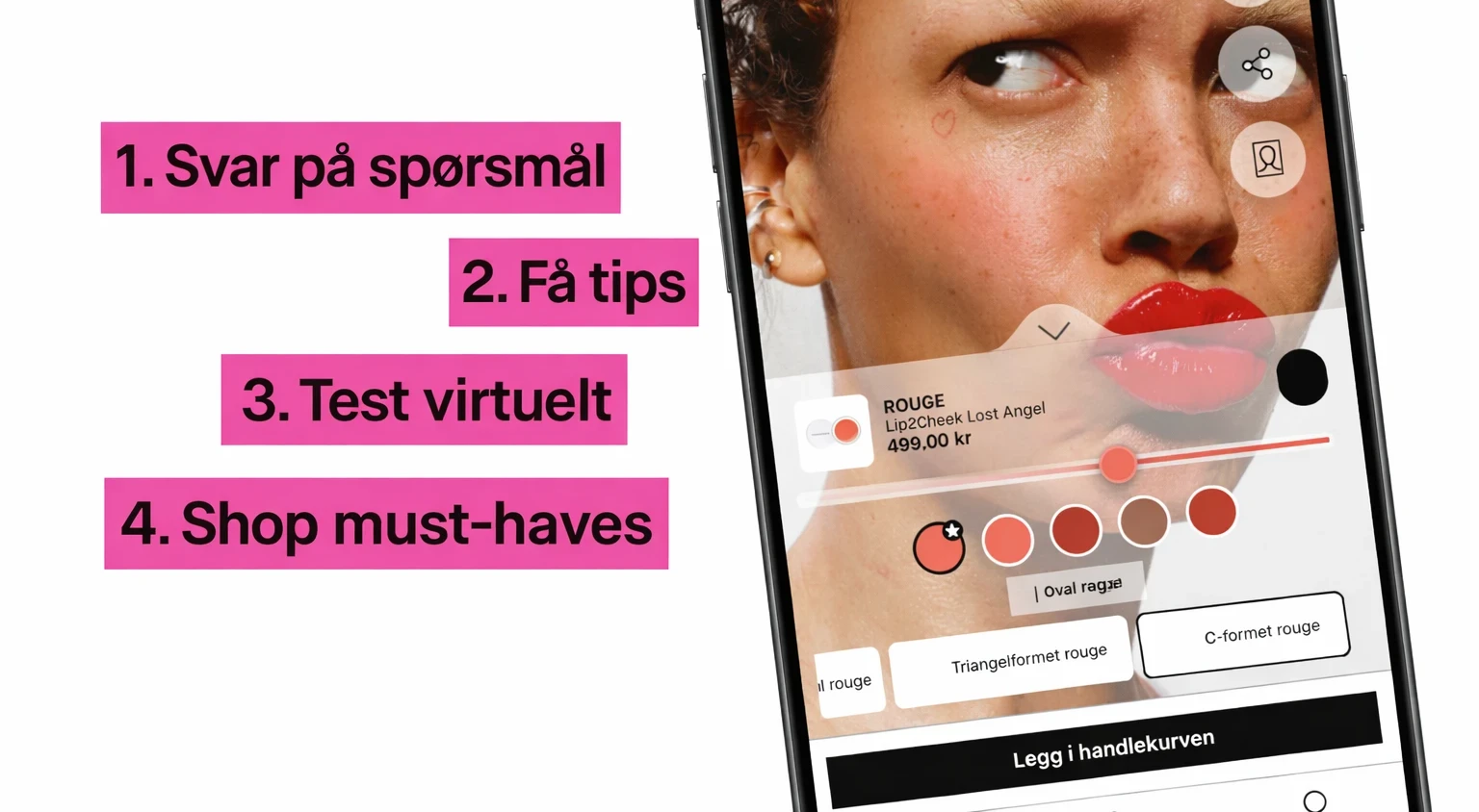 En mobilskjerm viser en digital makeupguide med teksten «Makeupartist møter AI – finn din nye LOOK!» og trinnvise punkter: svar på spørsmål, få tips, test virtuelt og kjøp must-haves. På skjermen vises et ansikt med rødt leppestift og blush, samt produktvalg for rouge.