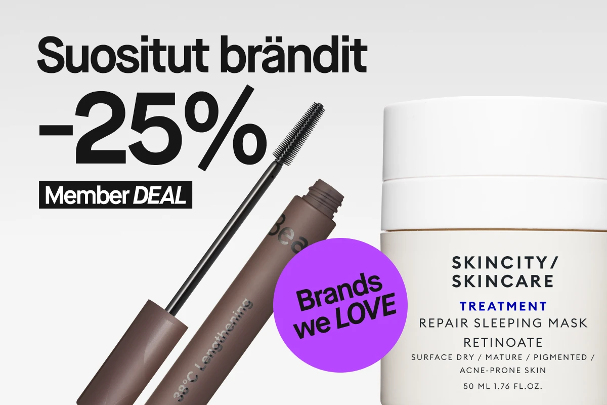 Kuvassa näkyy kampanja, jossa suosituista kauneustuotteista saa 25% alennuksen jäsenille. Tuotteisiin kuuluu ripsiväri ja korjaava yönaamio Skincity Skincareltä.