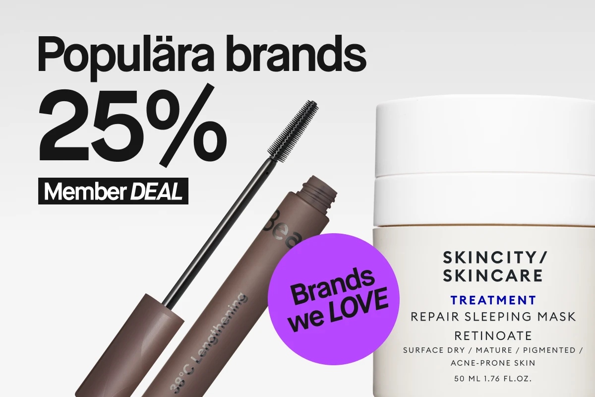 Bilden visar en kampanj för populära skönhetsprodukter med 25% rabatt för medlemmar. Produkterna inkluderar en mascara och en reparerande sovmask från Skincity Skincare.
