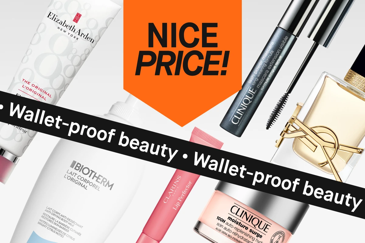 Flere skjønnhetsprodukter vises mot lys bakgrunn, inkludert parfymen Acqua di Gioia fra Giorgio Armani, YSL Libre parfyme, COSRX Advanced Snail Radiance Dual Essence og Depend Gel iQ neglesett. En oransje etikett med teksten “NICE PRICE!” og en svart banner med “More beauty added” vises over bildet.