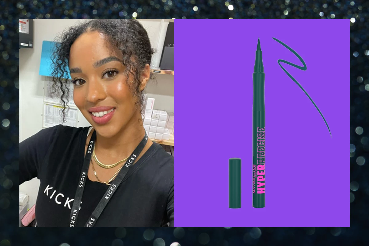 En person med en KICKS-genser og navneskilt ved siden av en grønn eyeliner på en lilla bakgrunn.